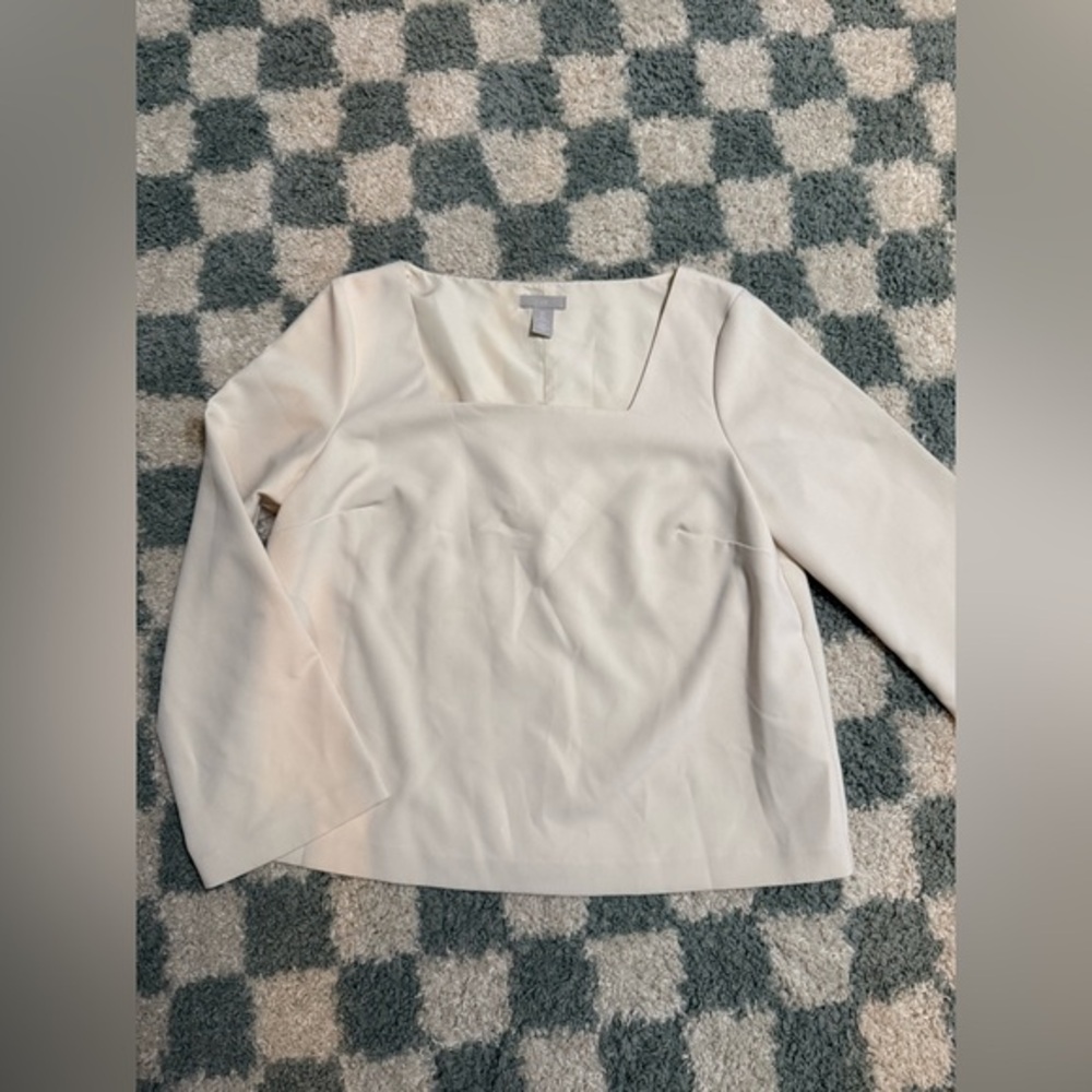 H&M cream flared long sleeve square neck blouse workwear minimalist classic Lg